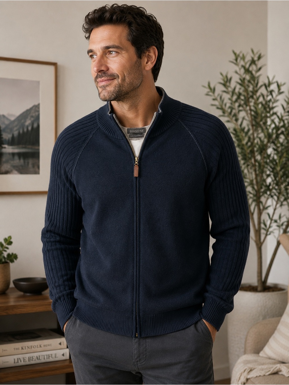 Giasone 100% Cashmere Full Zip Sweater Men's Black Long Sleeve Mock Neck XL
